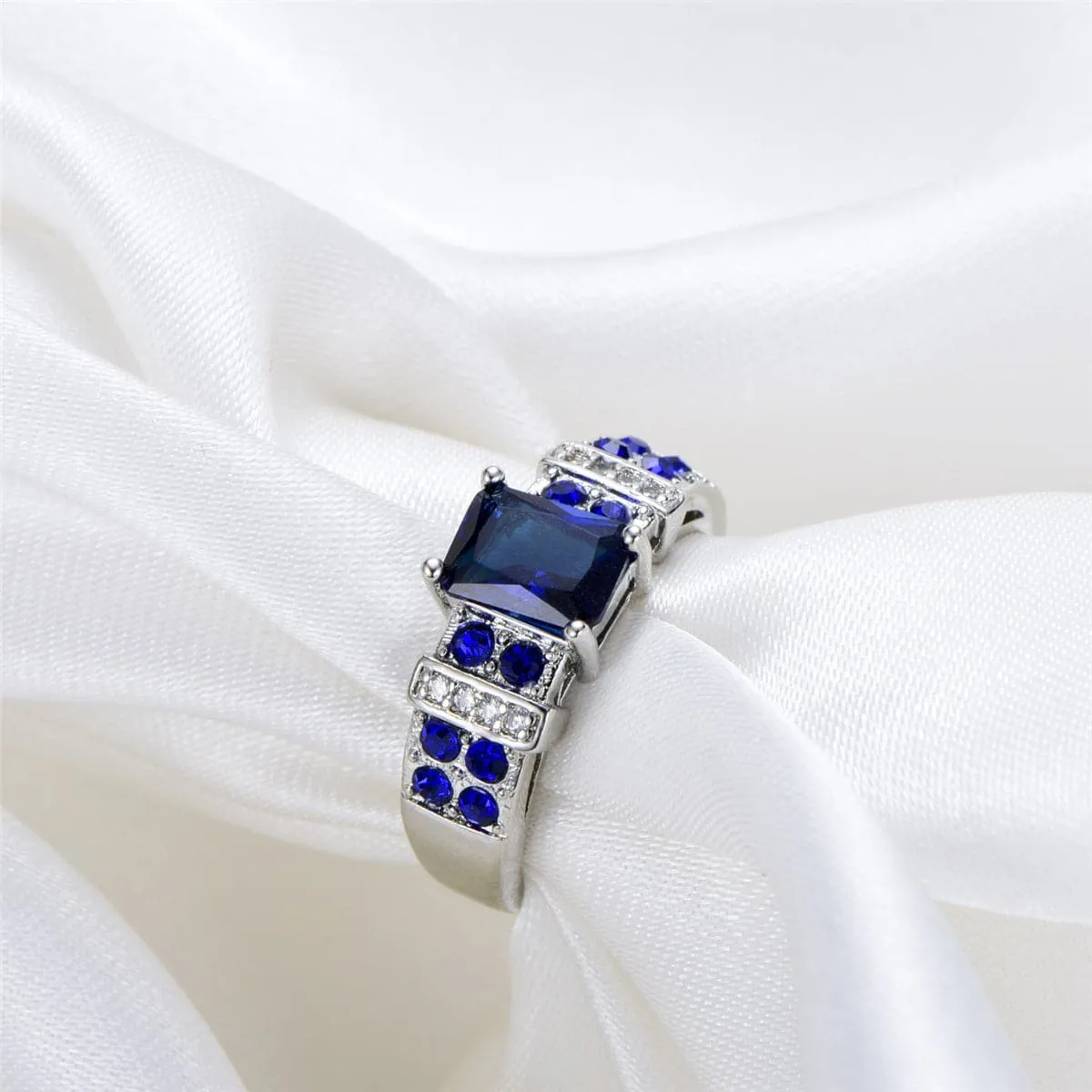 Dark Blue Crystal & Cubic Zirconia Silver-Plated Cushion-Cut Ring