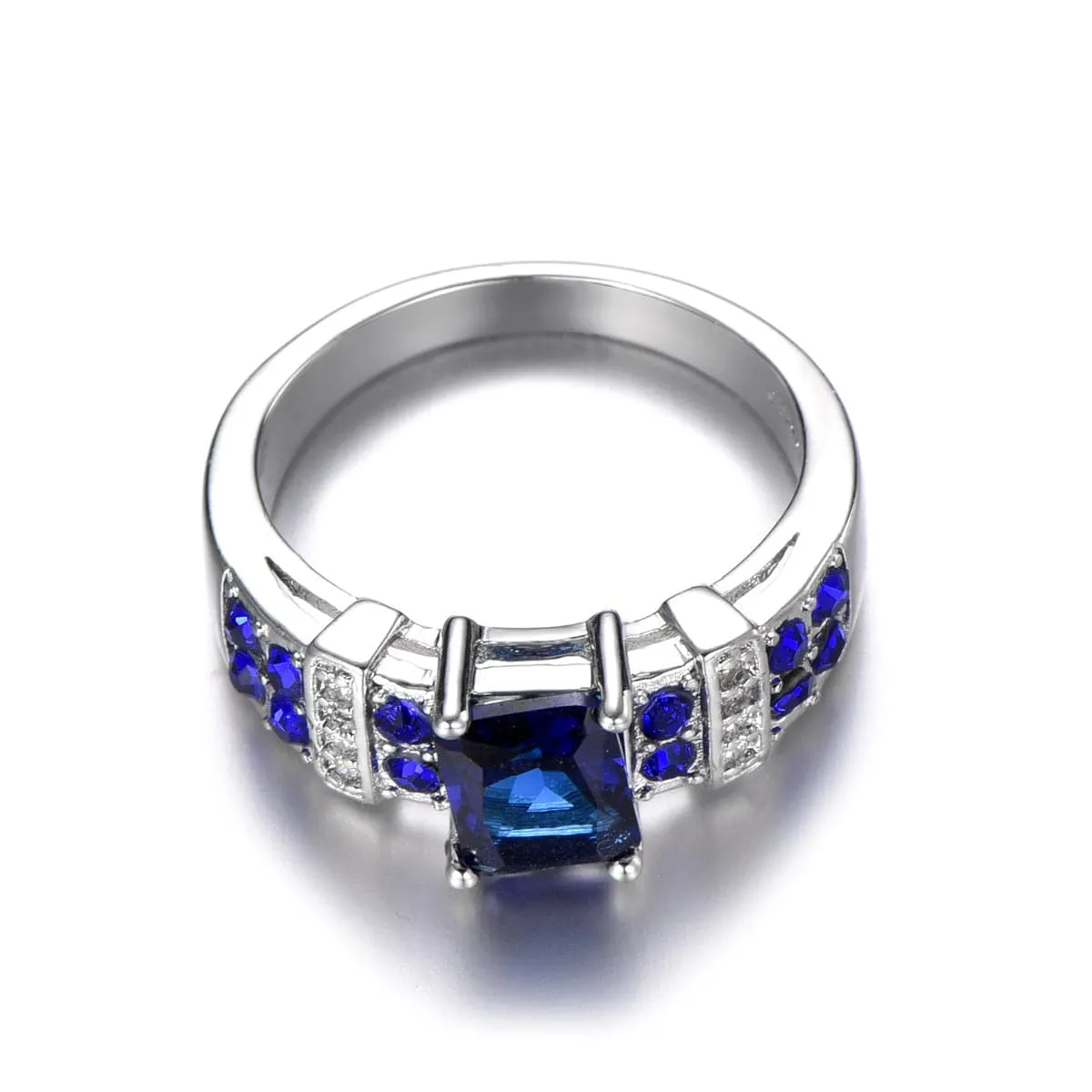 Dark Blue Crystal & Cubic Zirconia Silver-Plated Cushion-Cut Ring