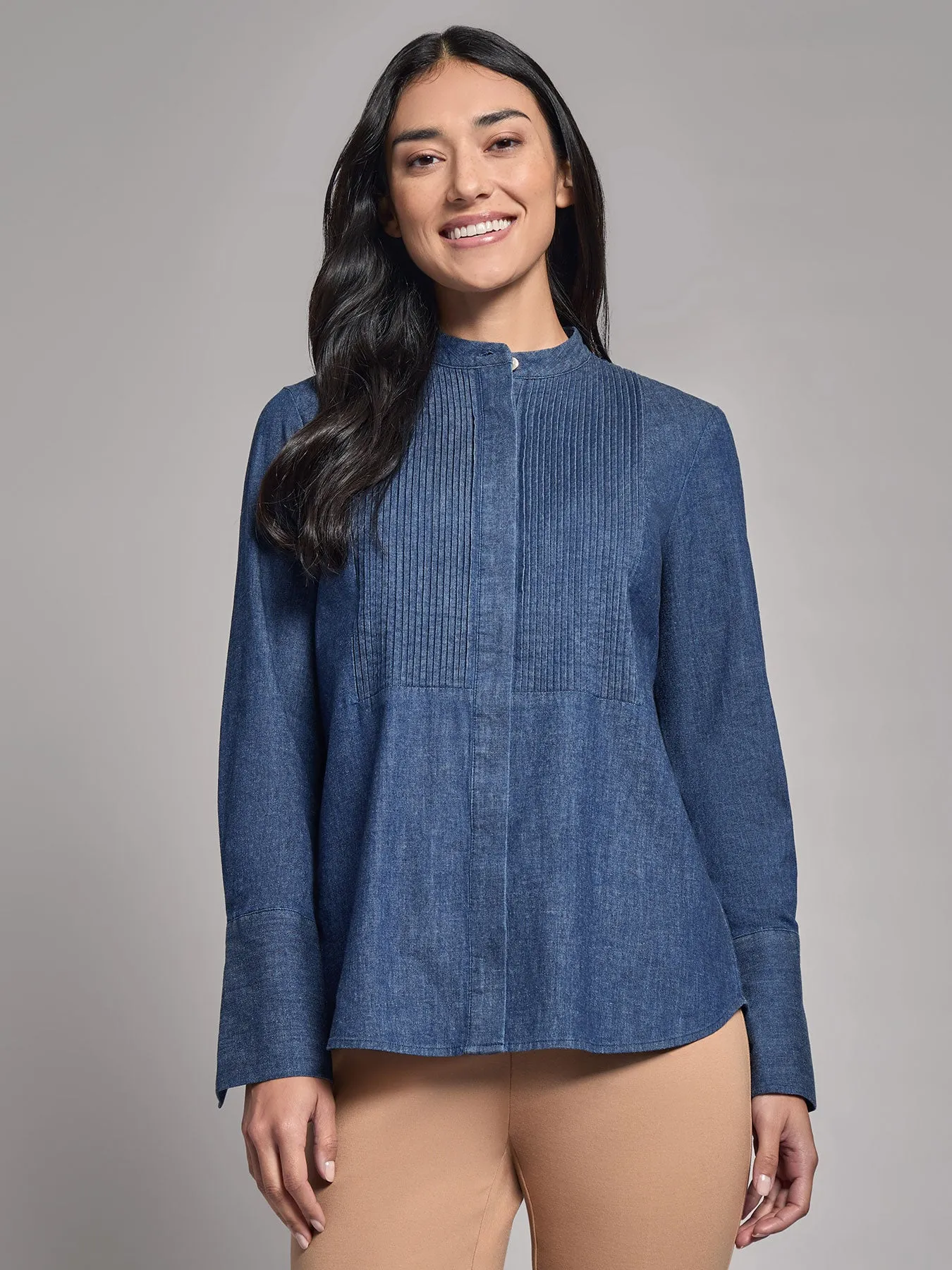 Denim Button-Front Pintuck Top