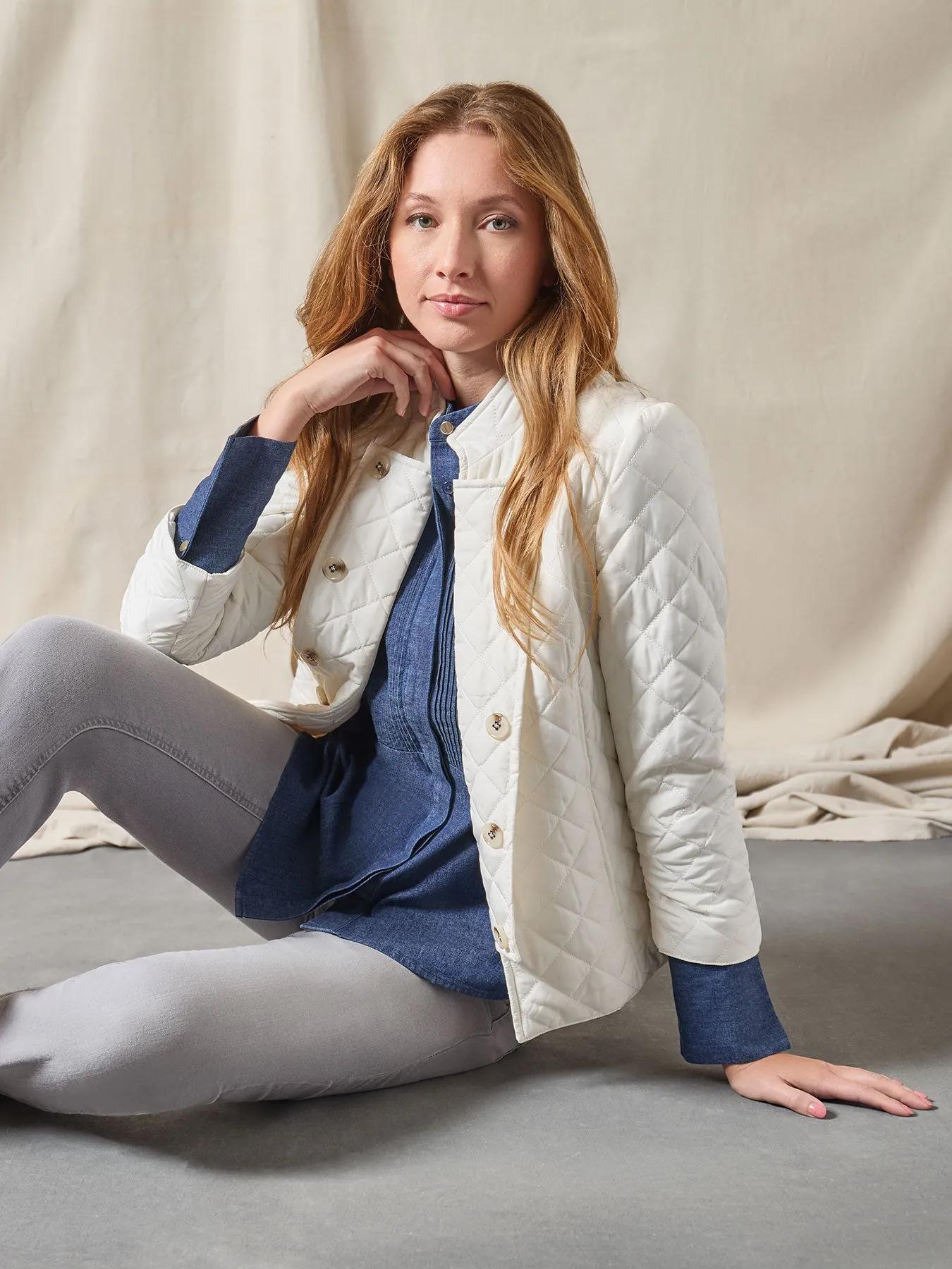Denim Button-Front Pintuck Top