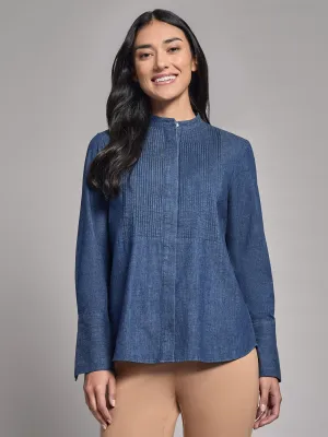 Denim Button-Front Pintuck Top