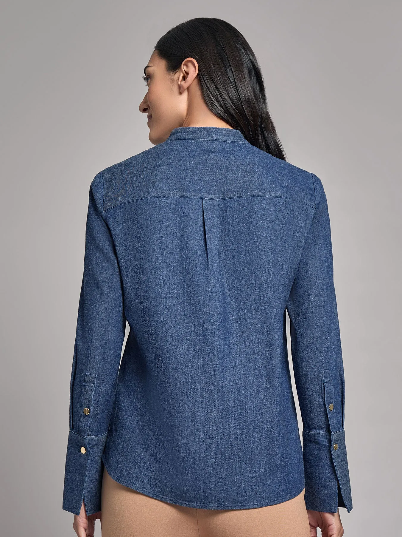 Denim Button-Front Pintuck Top