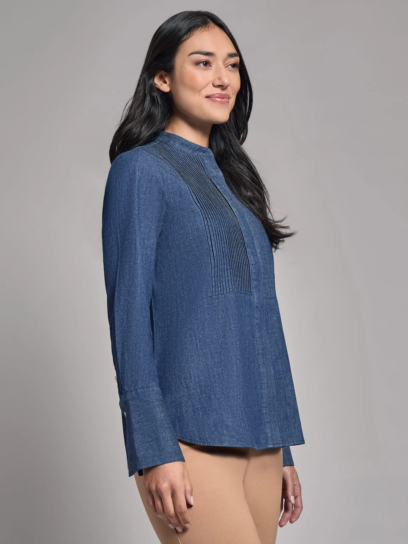 Denim Button-Front Pintuck Top