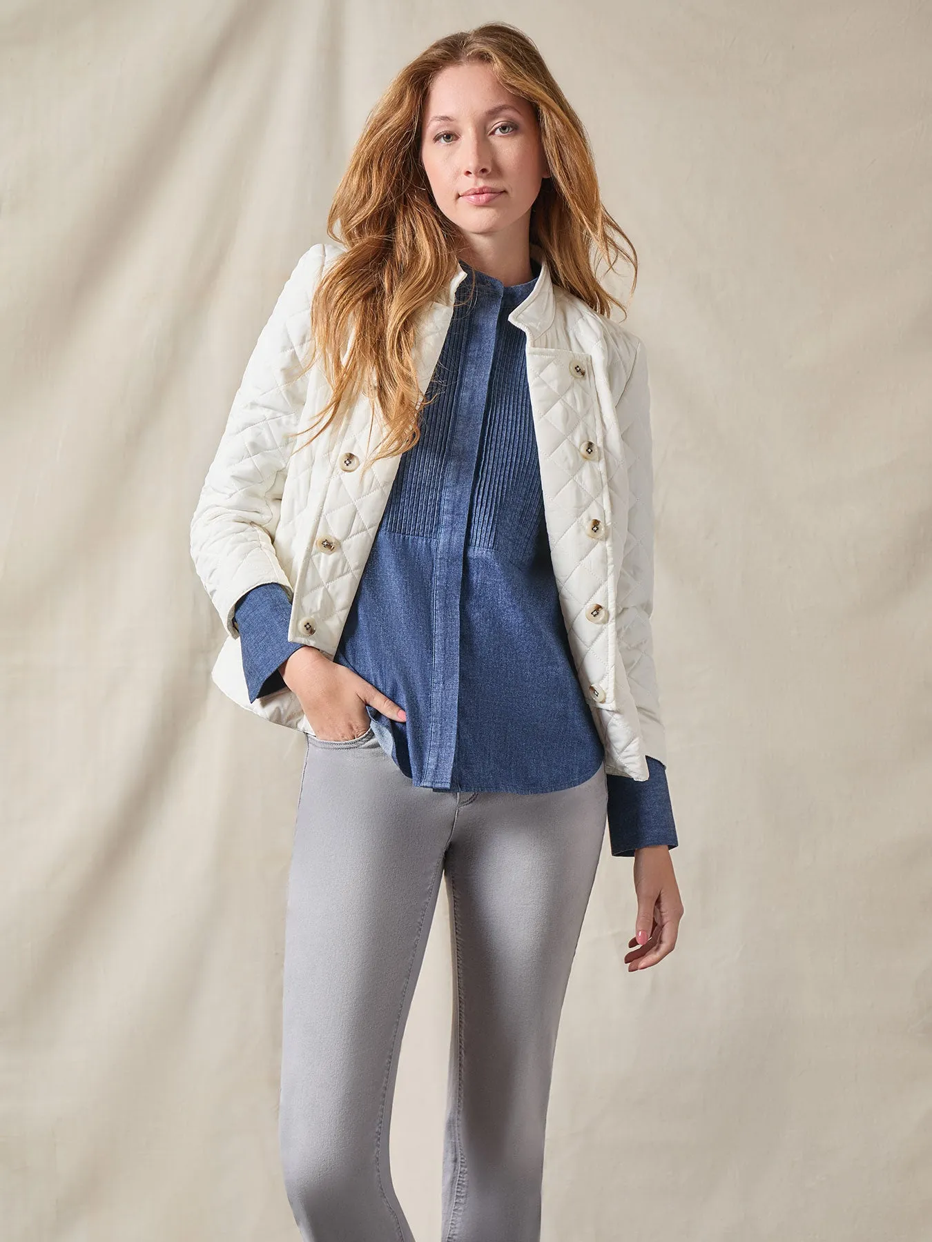 Denim Button-Front Pintuck Top