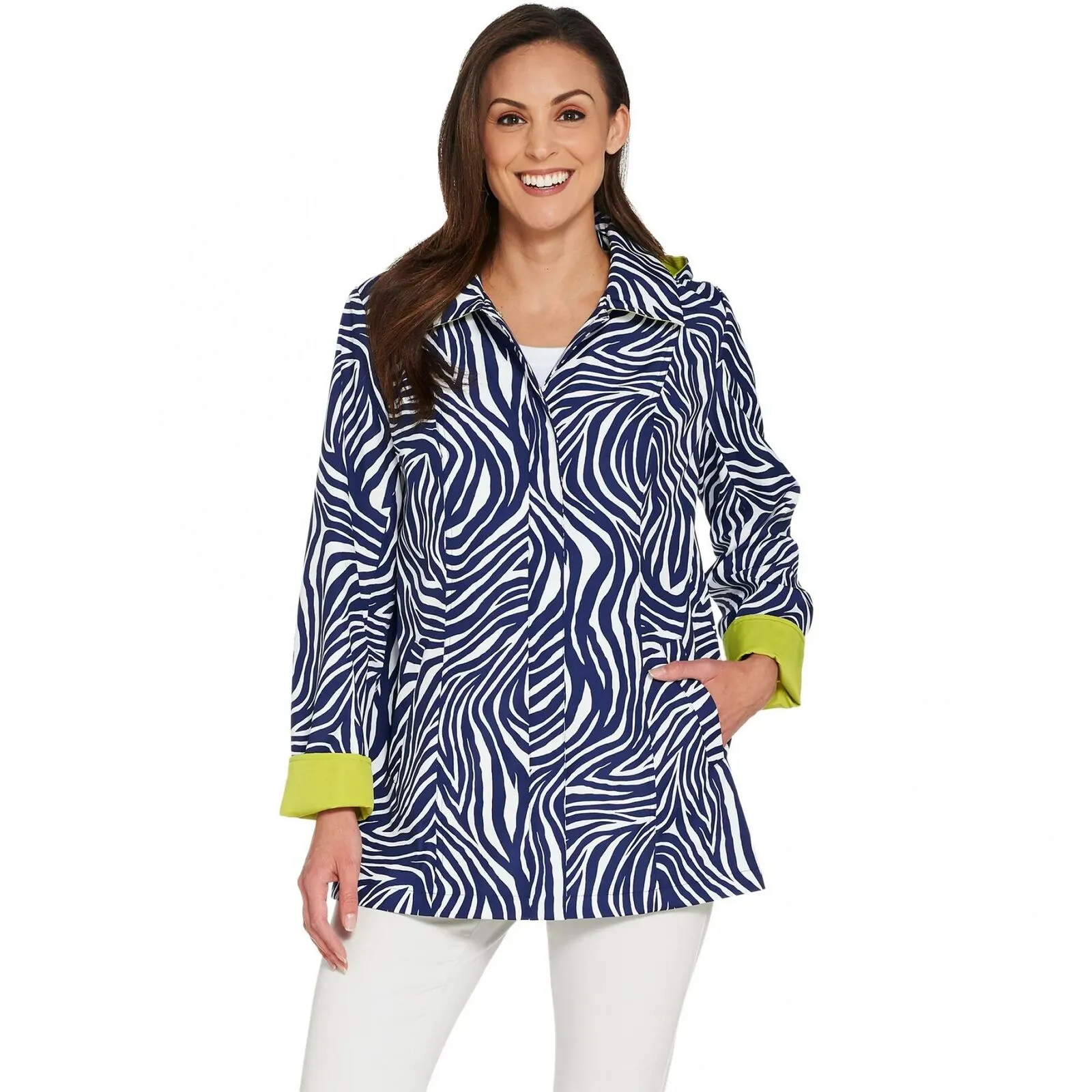 Dennis Basso Women's Plus Size Printed Water Resistant Jacket with Detachable Hood