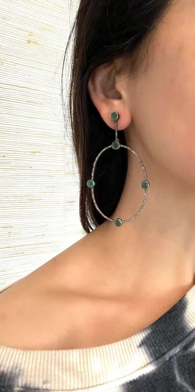 Diamond Encrusted Hoop Earrings with Emerald Stones
