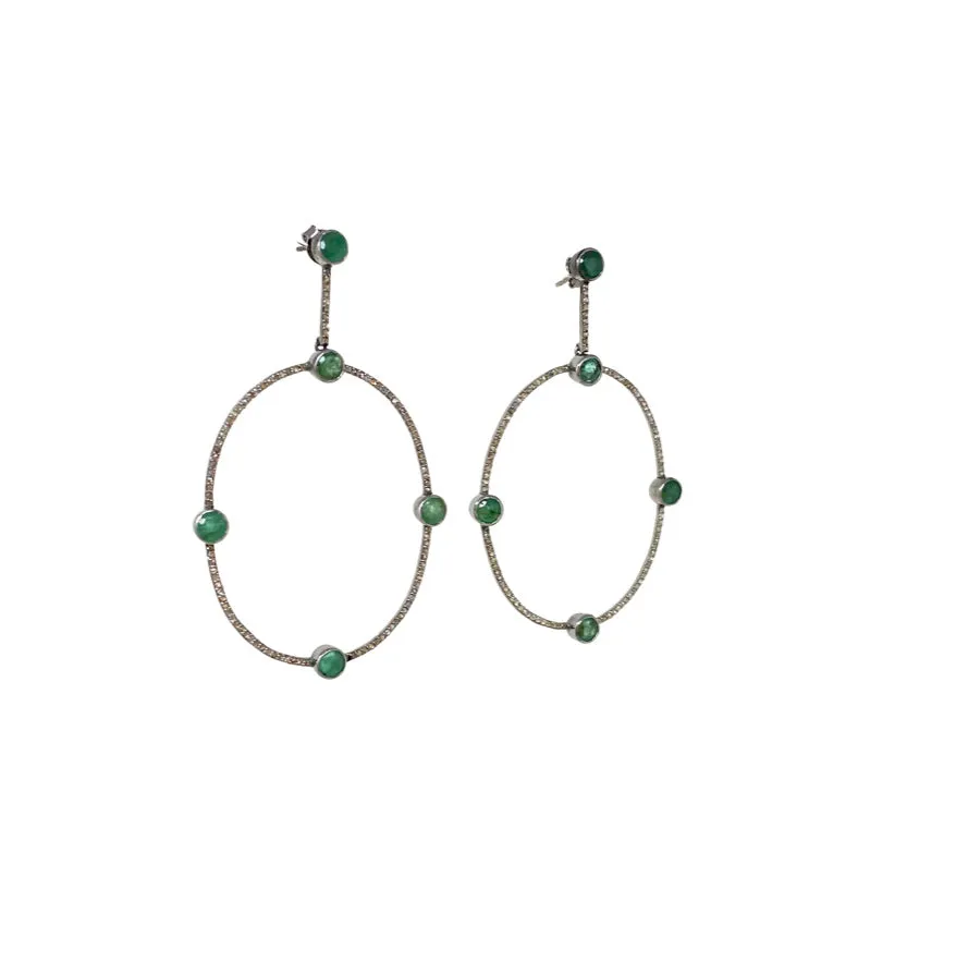 Diamond Encrusted Hoop Earrings with Emerald Stones