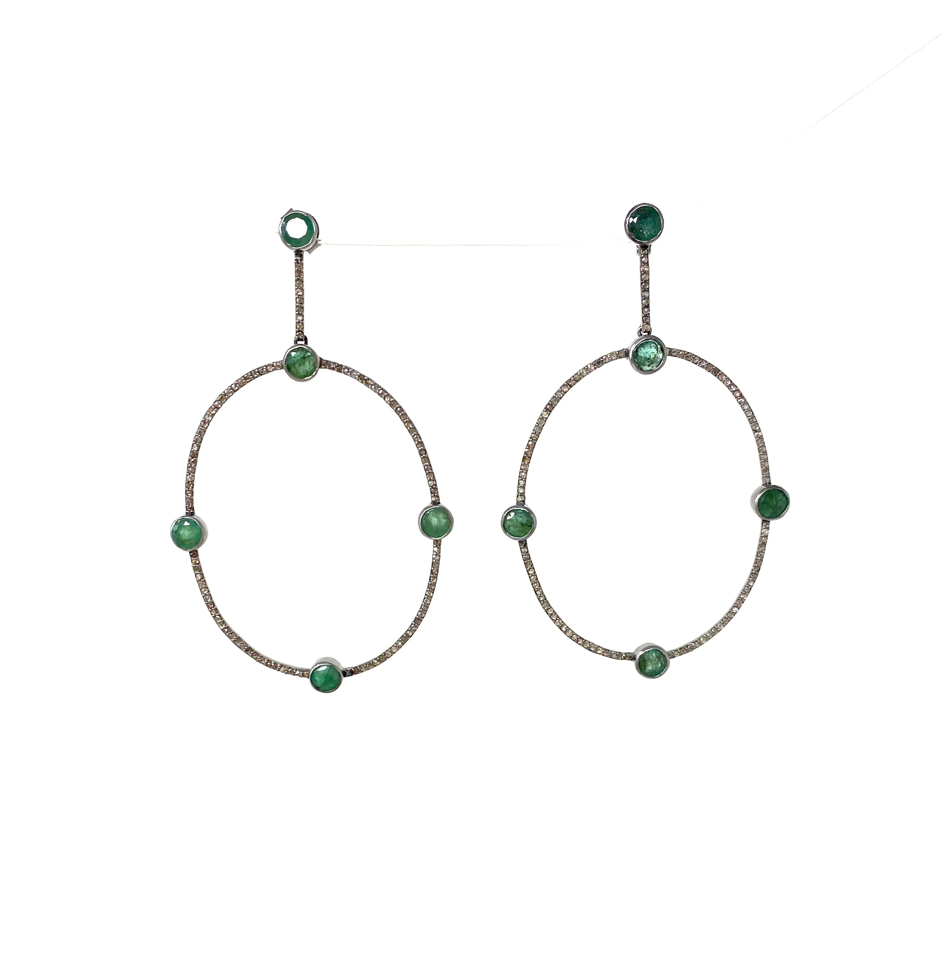 Diamond Encrusted Hoop Earrings with Emerald Stones