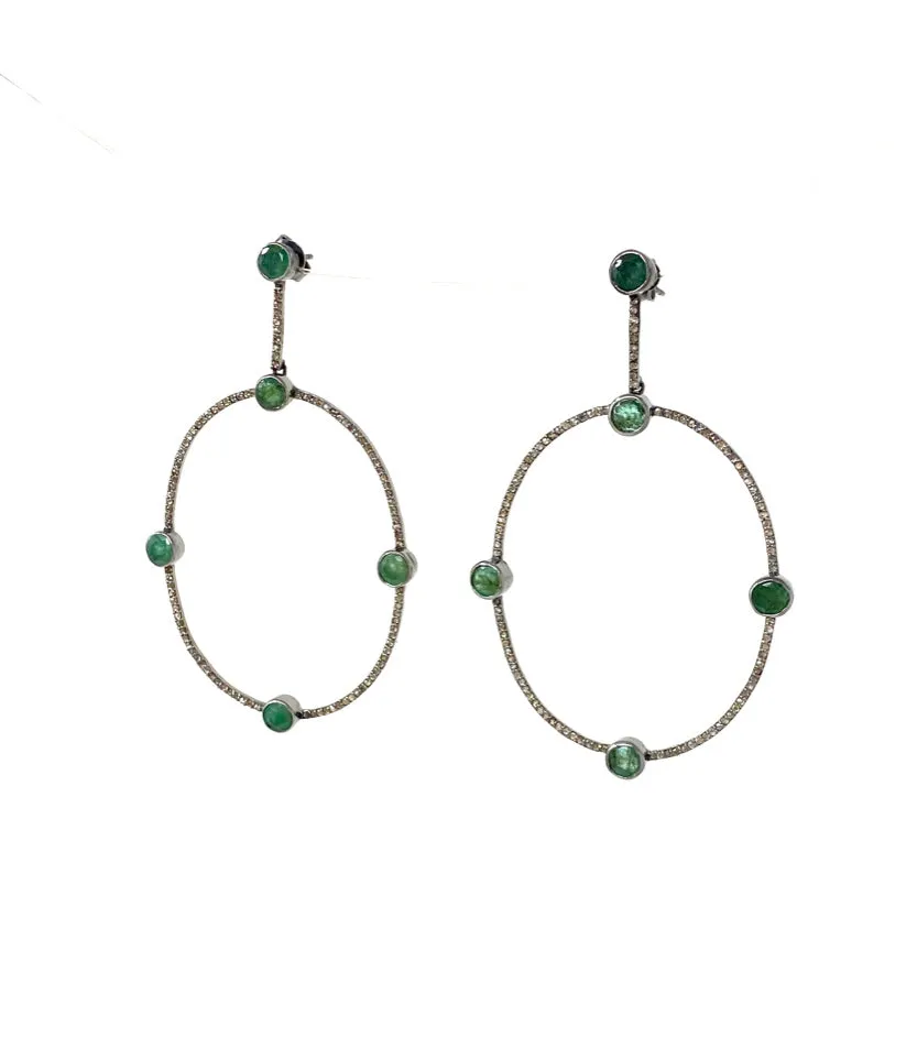 Diamond Encrusted Hoop Earrings with Emerald Stones