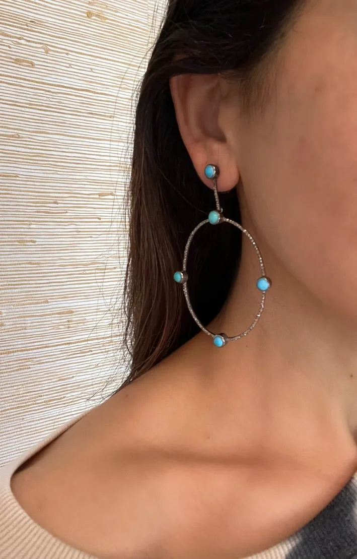 Diamond Encrusted Hoop Earrings with Turquoise Stones
