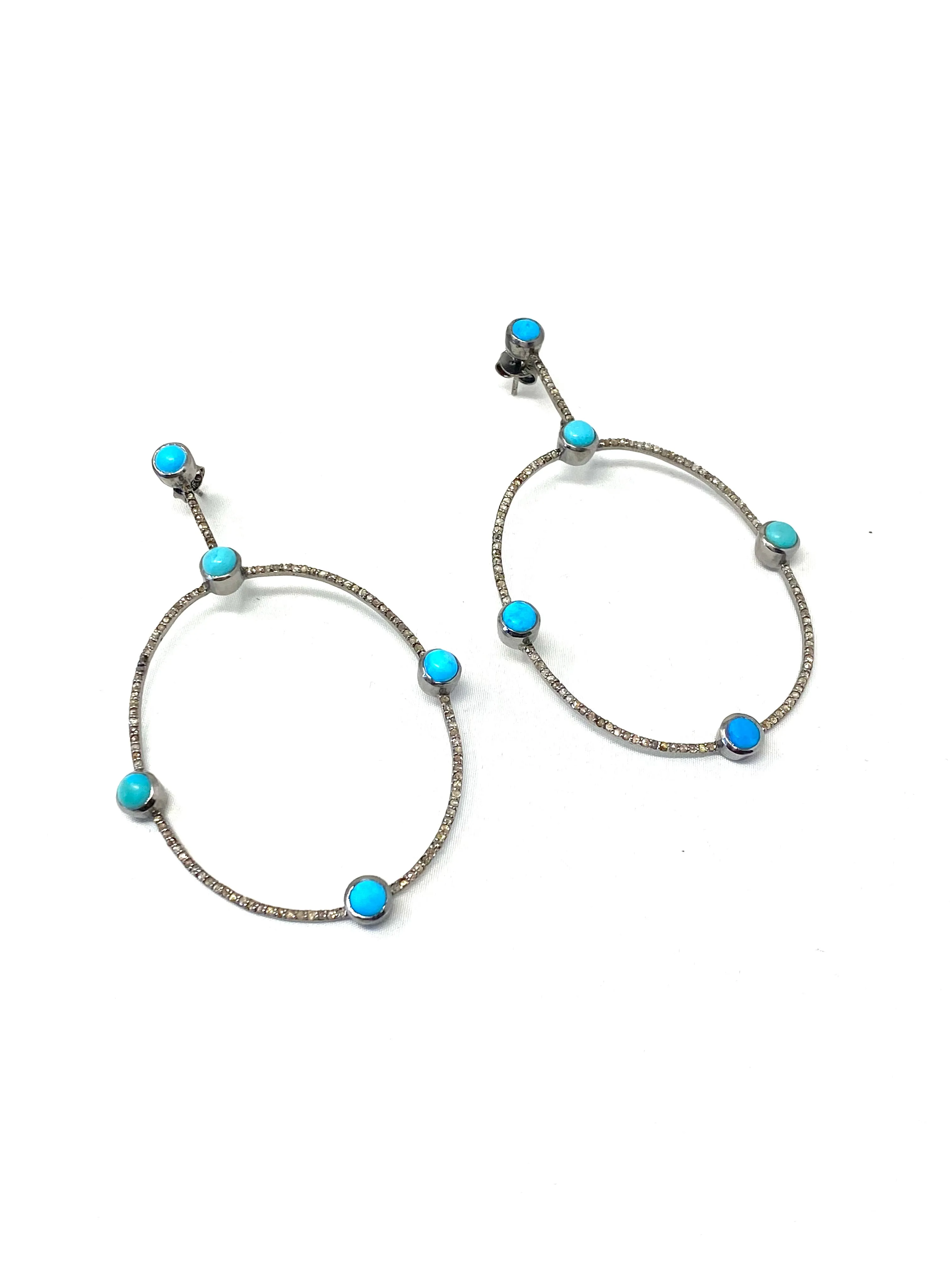 Diamond Encrusted Hoop Earrings with Turquoise Stones