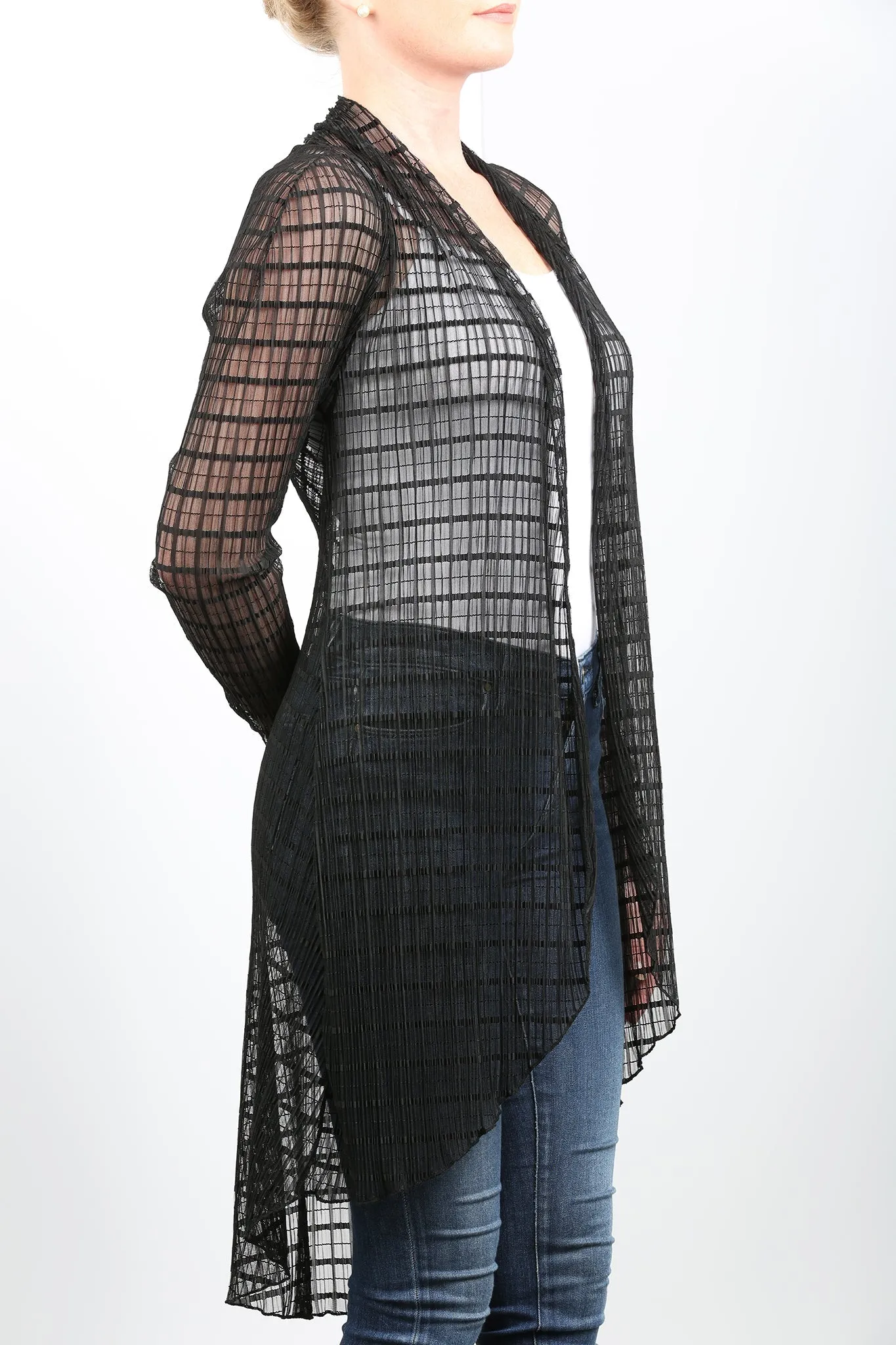DOLCEVITA Sheer Window Pane Lace Mid Length Duster Black