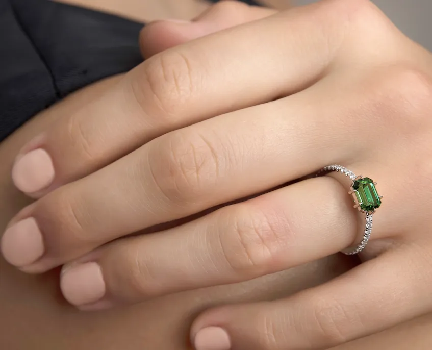 East To West Green Tourmaline & Diamond Alternative Engagement Ring