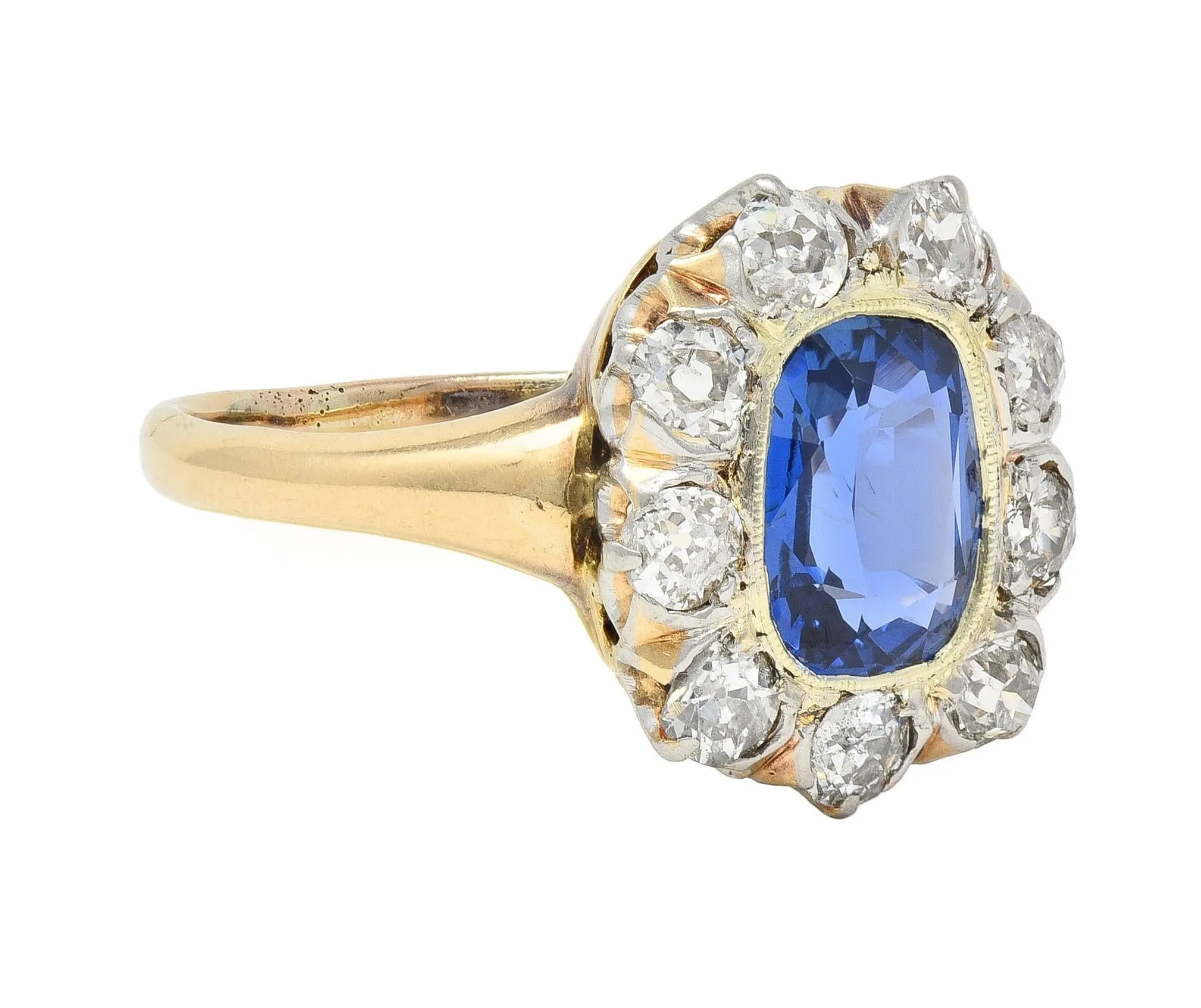 Edwardian 2.83 CTW No Heat Burma Sapphire Diamond Platinum 18 Karat Gold Antique Halo Ring GIA