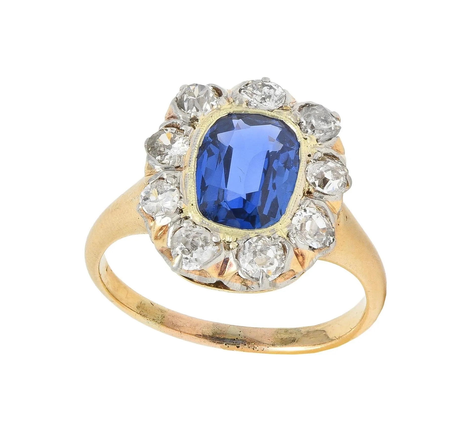 Edwardian 2.83 CTW No Heat Burma Sapphire Diamond Platinum 18 Karat Gold Antique Halo Ring GIA