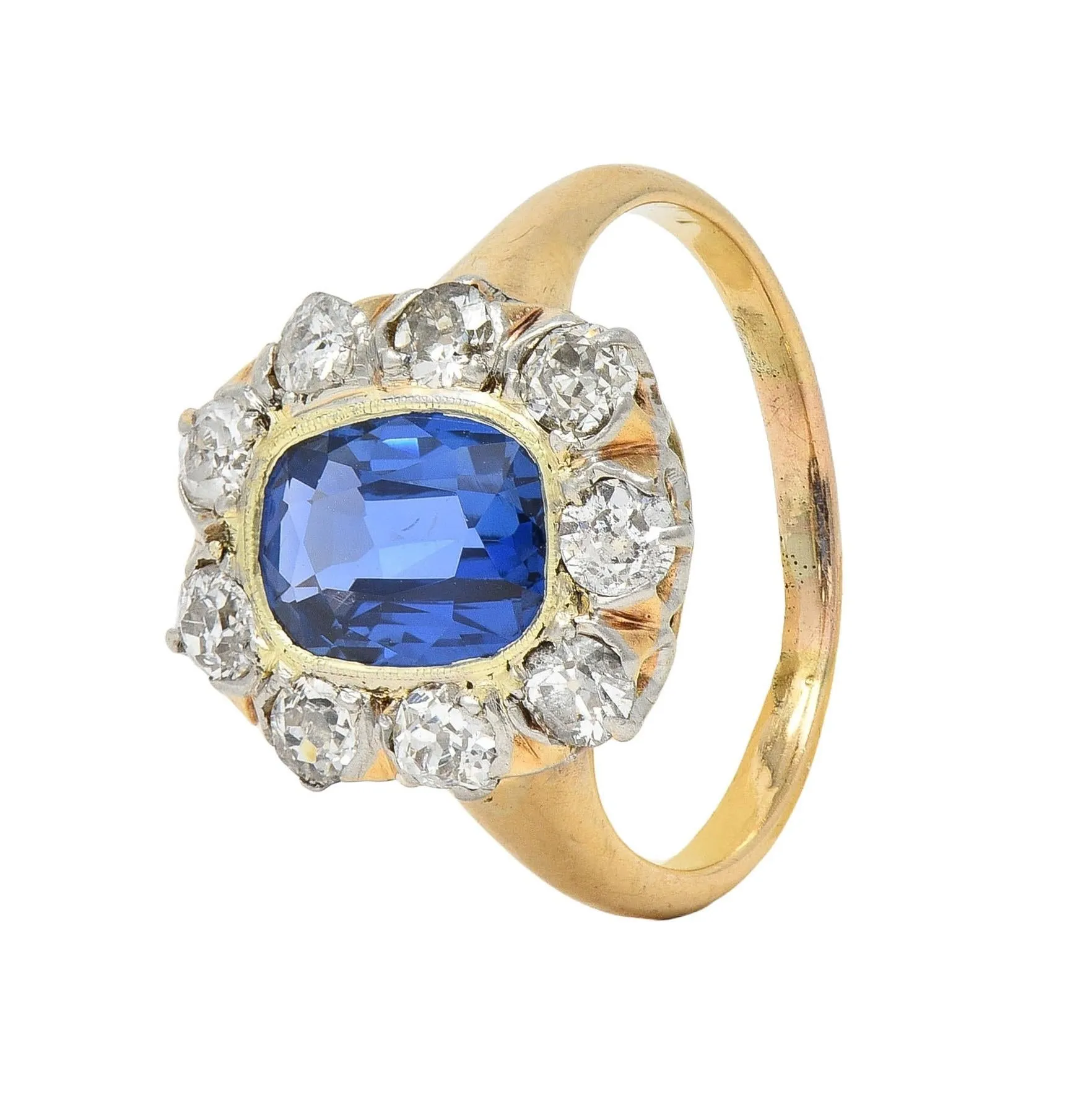 Edwardian 2.83 CTW No Heat Burma Sapphire Diamond Platinum 18 Karat Gold Antique Halo Ring GIA