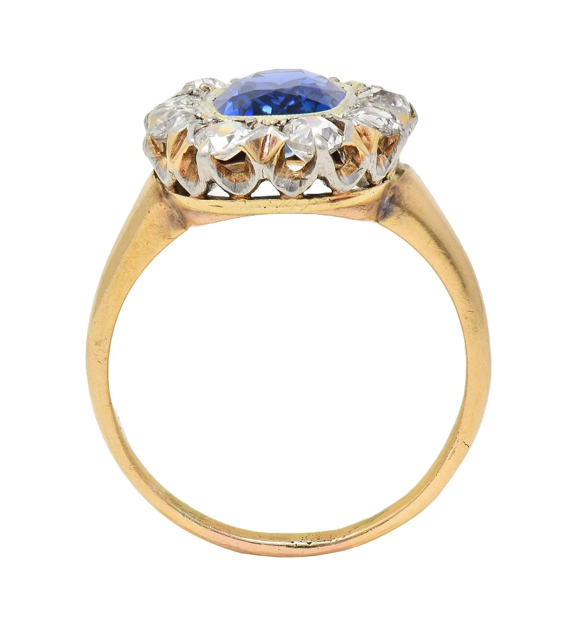 Edwardian 2.83 CTW No Heat Burma Sapphire Diamond Platinum 18 Karat Gold Antique Halo Ring GIA