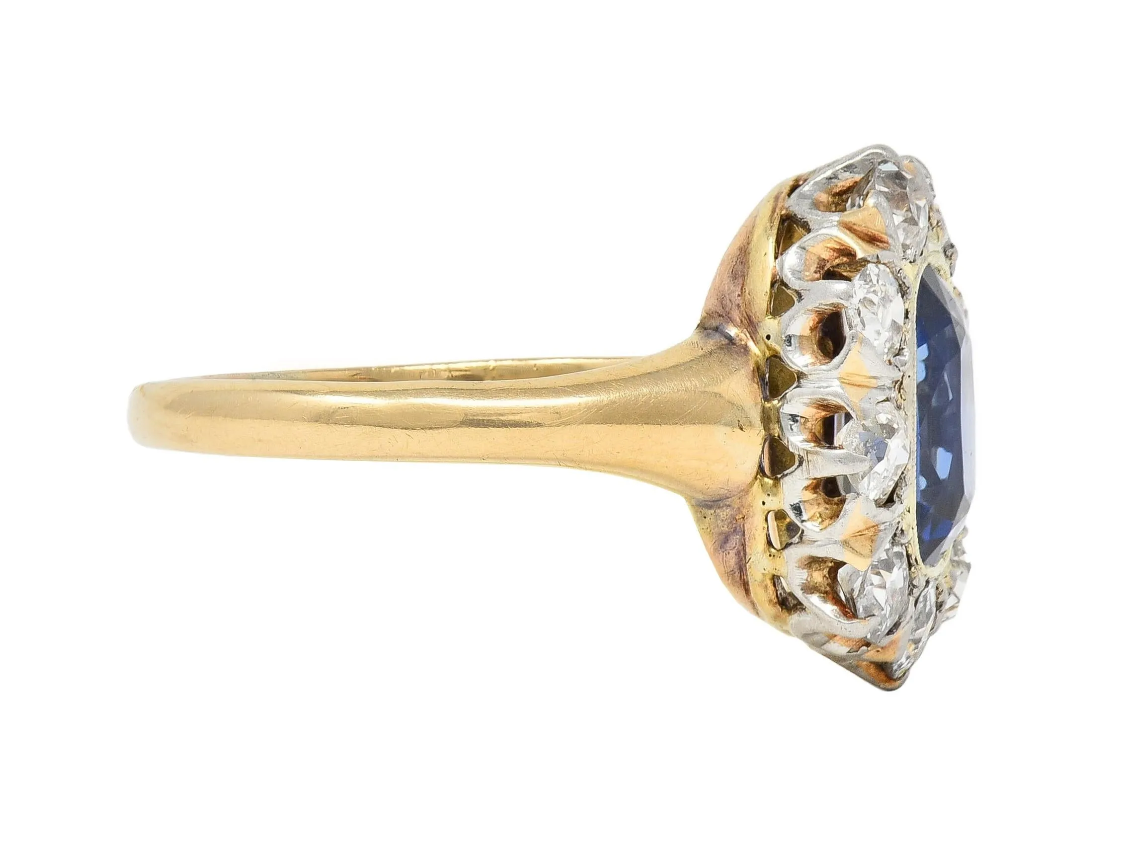 Edwardian 2.83 CTW No Heat Burma Sapphire Diamond Platinum 18 Karat Gold Antique Halo Ring GIA