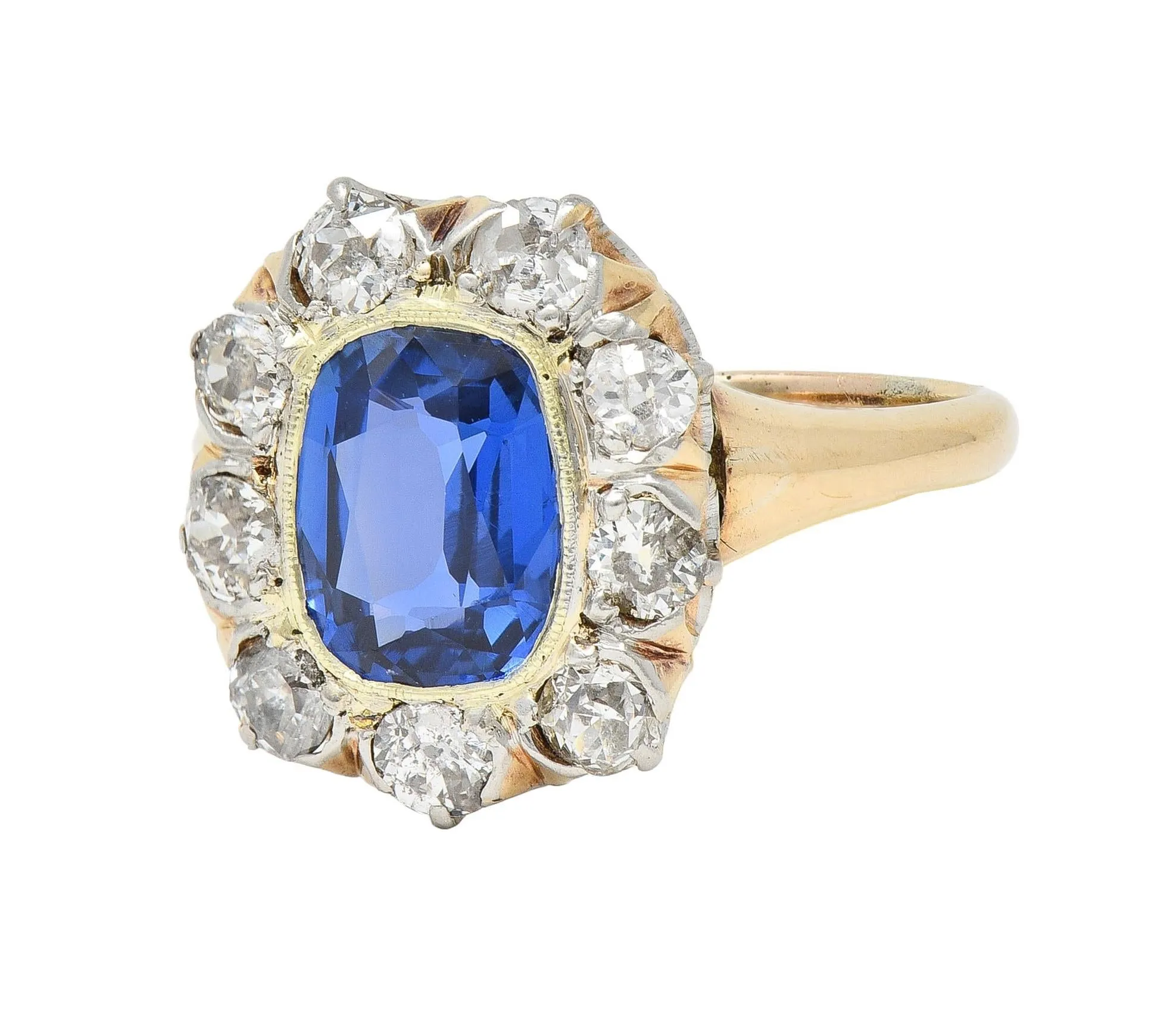 Edwardian 2.83 CTW No Heat Burma Sapphire Diamond Platinum 18 Karat Gold Antique Halo Ring GIA