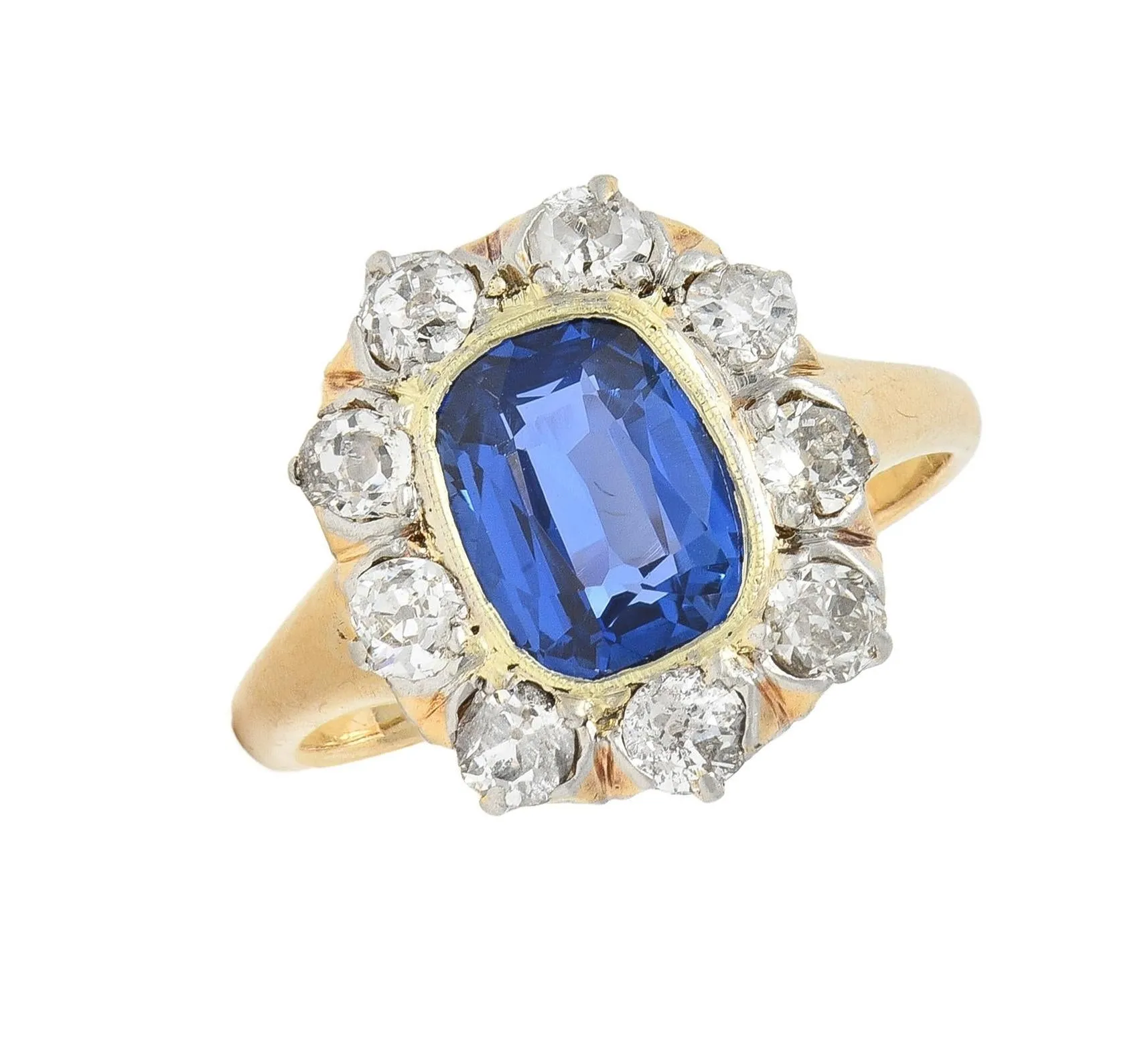 Edwardian 2.83 CTW No Heat Burma Sapphire Diamond Platinum 18 Karat Gold Antique Halo Ring GIA