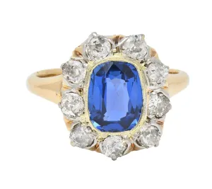 Edwardian 2.83 CTW No Heat Burma Sapphire Diamond Platinum 18 Karat Gold Antique Halo Ring GIA