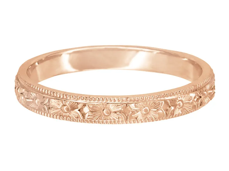 Edwardian Pansies Antique Engraved Wedding Band in 14 Karat Rose Gold