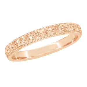 Edwardian Pansies Antique Engraved Wedding Band in 14 Karat Rose Gold