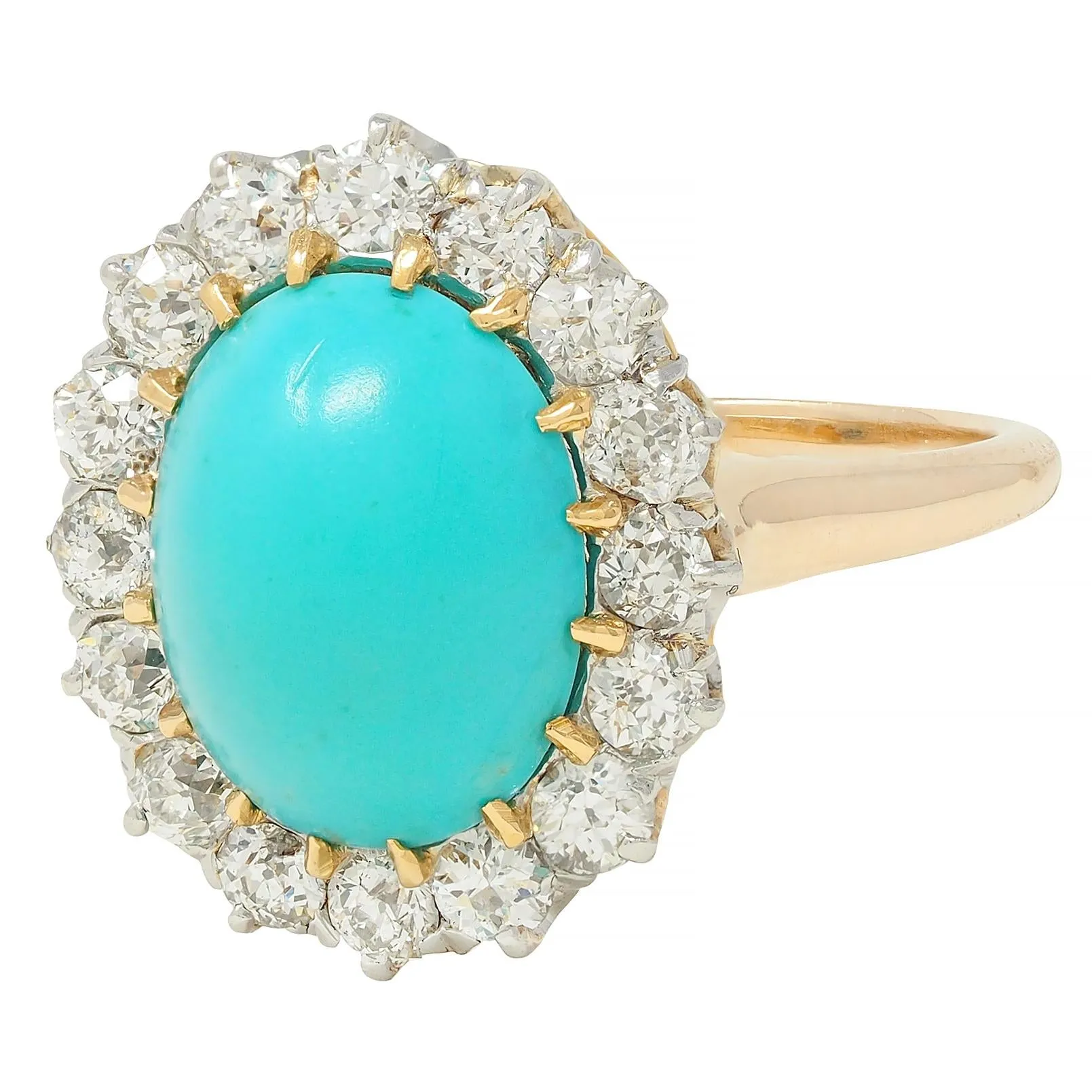 Edwardian Turquoise Old European Diamond Platinum 14 Karat Yellow Gold Antique Halo Ring