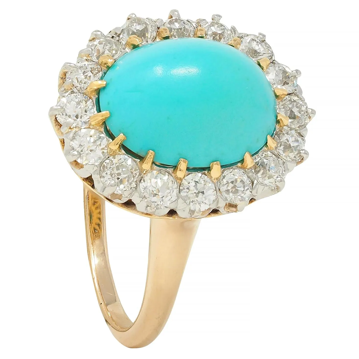 Edwardian Turquoise Old European Diamond Platinum 14 Karat Yellow Gold Antique Halo Ring
