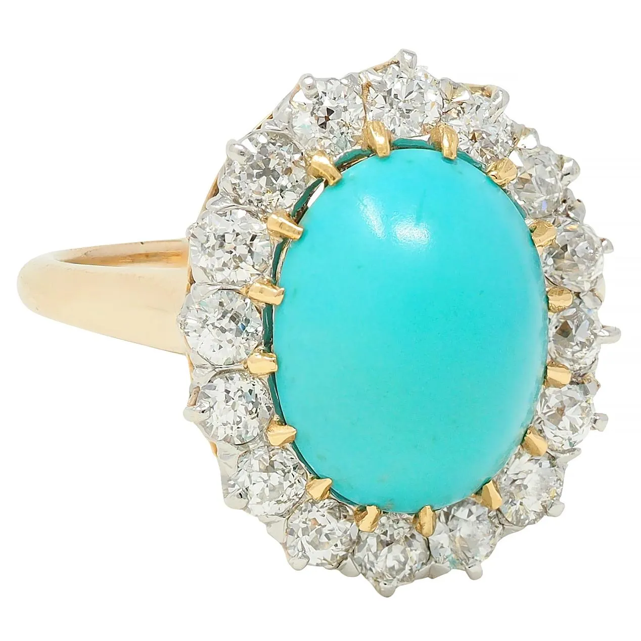 Edwardian Turquoise Old European Diamond Platinum 14 Karat Yellow Gold Antique Halo Ring