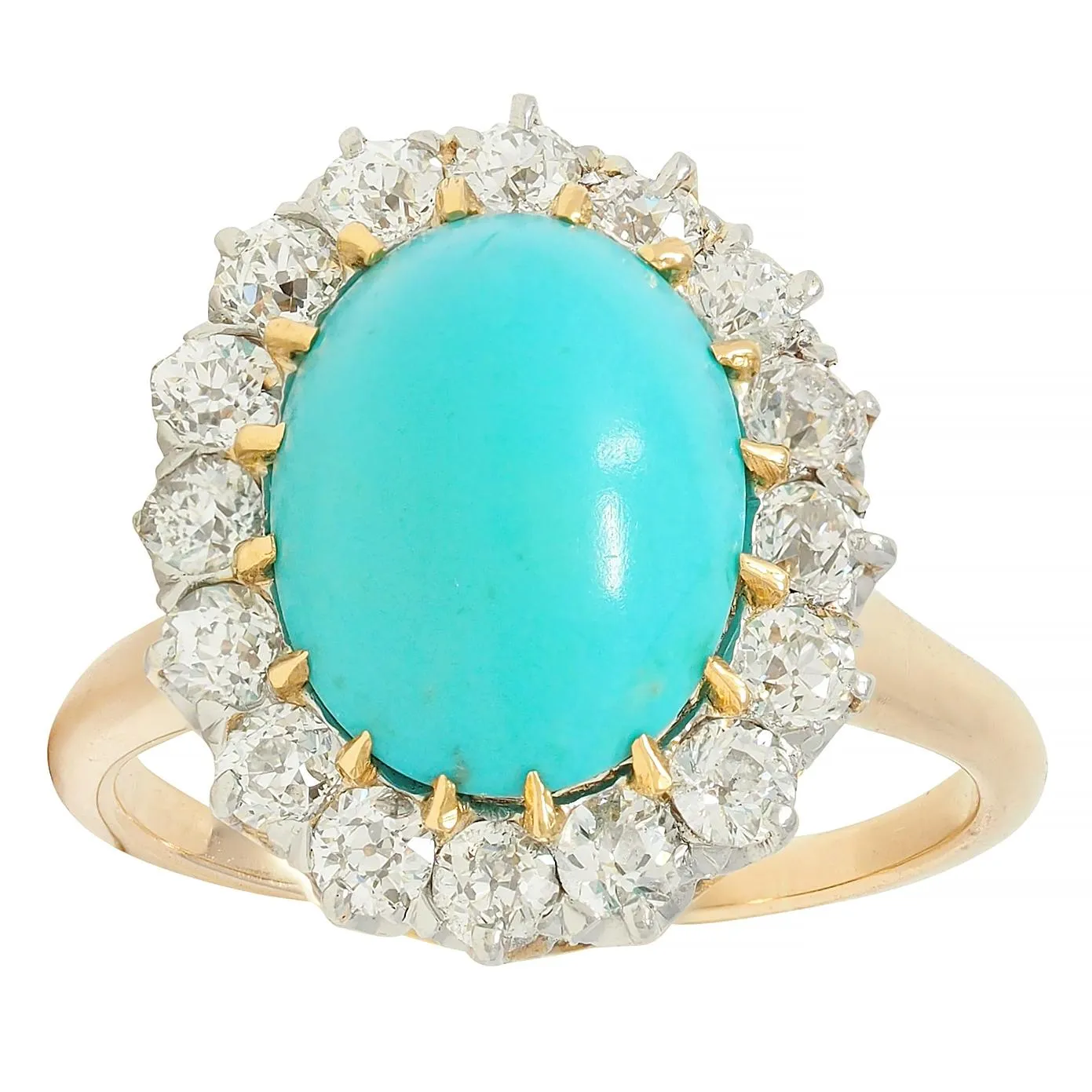 Edwardian Turquoise Old European Diamond Platinum 14 Karat Yellow Gold Antique Halo Ring