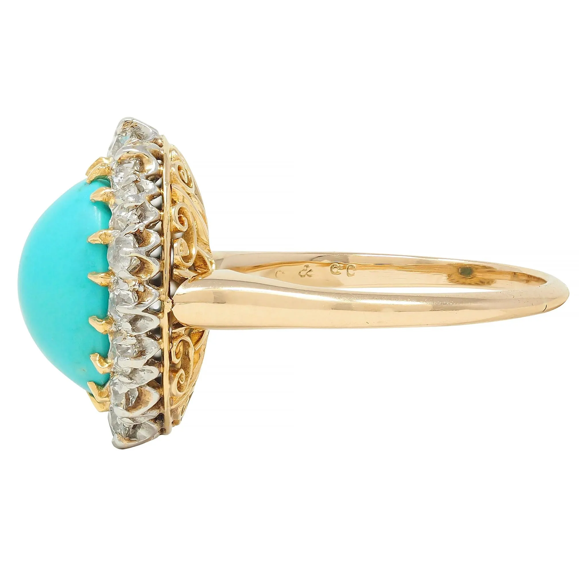 Edwardian Turquoise Old European Diamond Platinum 14 Karat Yellow Gold Antique Halo Ring