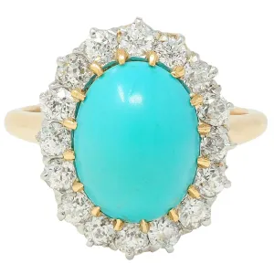 Edwardian Turquoise Old European Diamond Platinum 14 Karat Yellow Gold Antique Halo Ring
