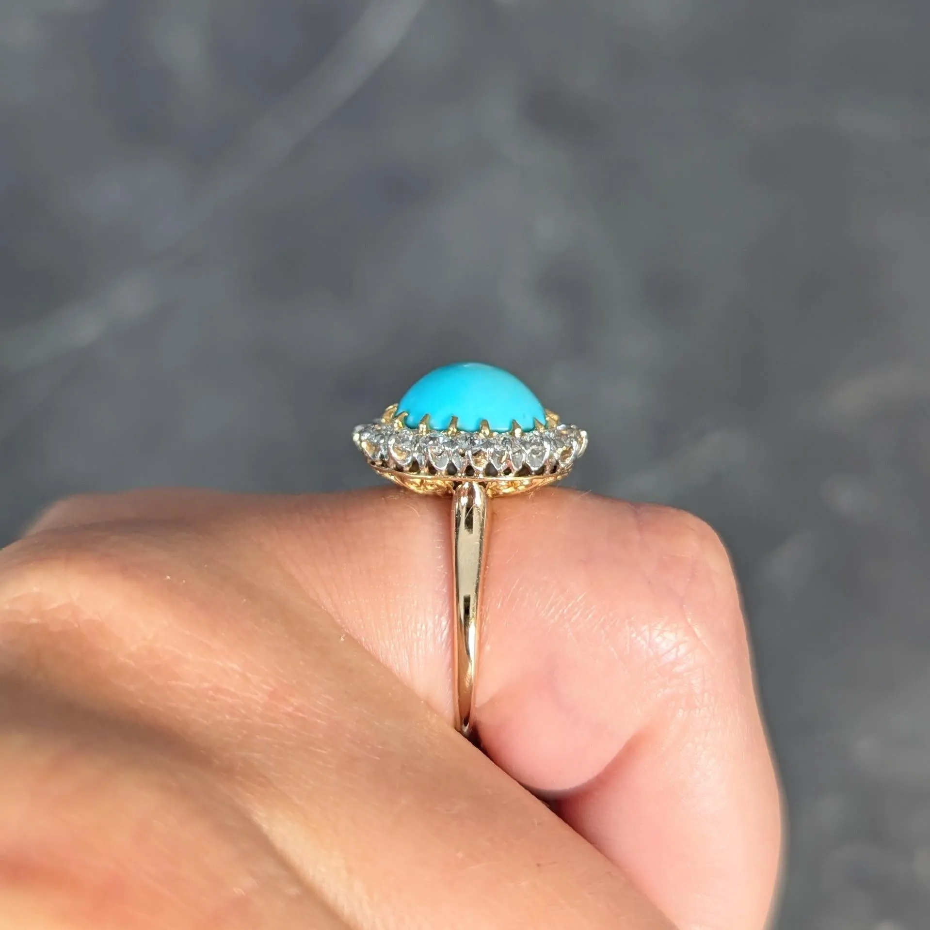 Edwardian Turquoise Old European Diamond Platinum 14 Karat Yellow Gold Antique Halo Ring