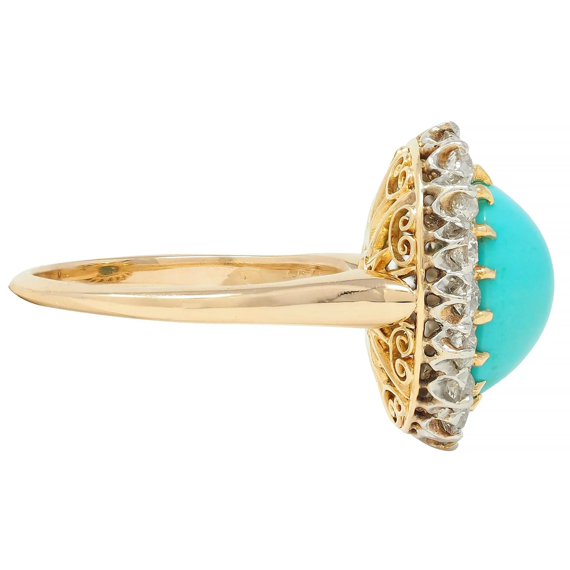 Edwardian Turquoise Old European Diamond Platinum 14 Karat Yellow Gold Antique Halo Ring