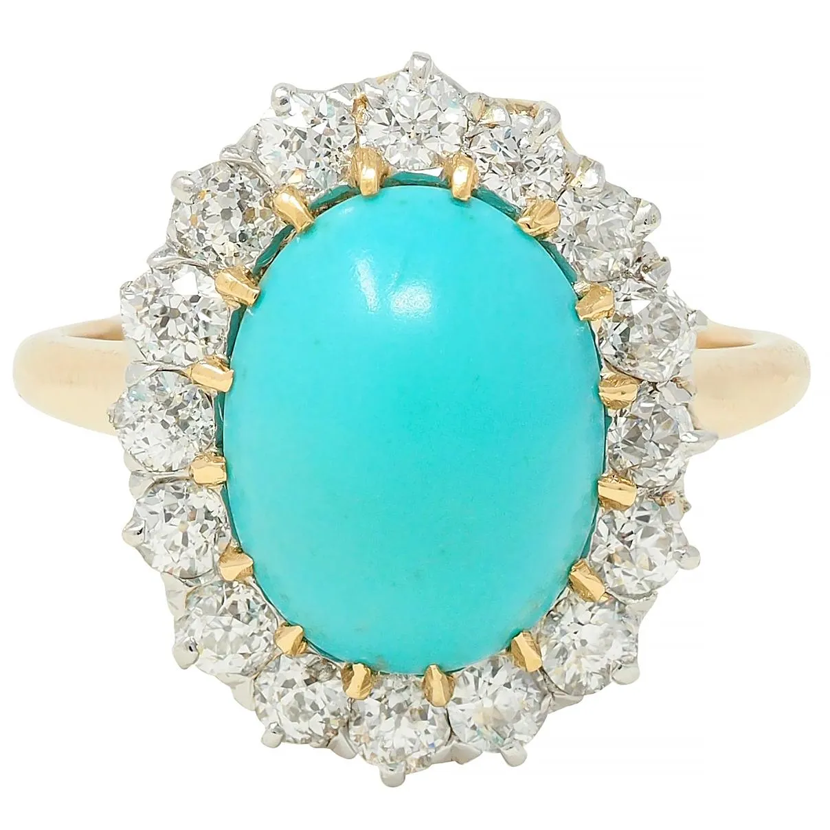 Edwardian Turquoise Old European Diamond Platinum 14 Karat Yellow Gold Antique Halo Ring