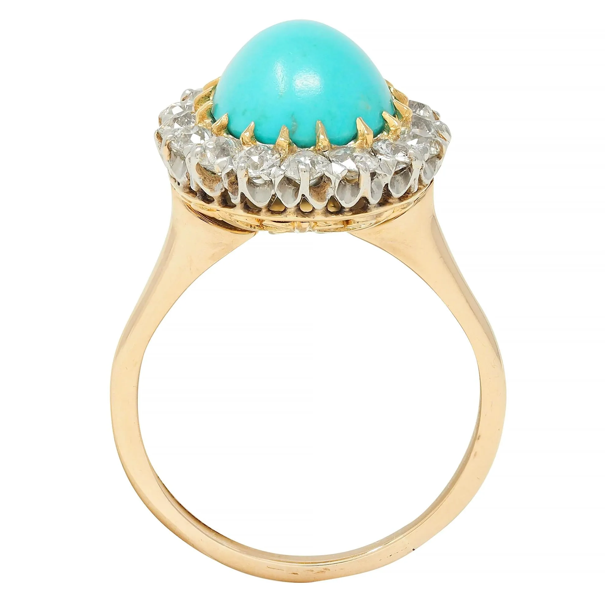 Edwardian Turquoise Old European Diamond Platinum 14 Karat Yellow Gold Antique Halo Ring