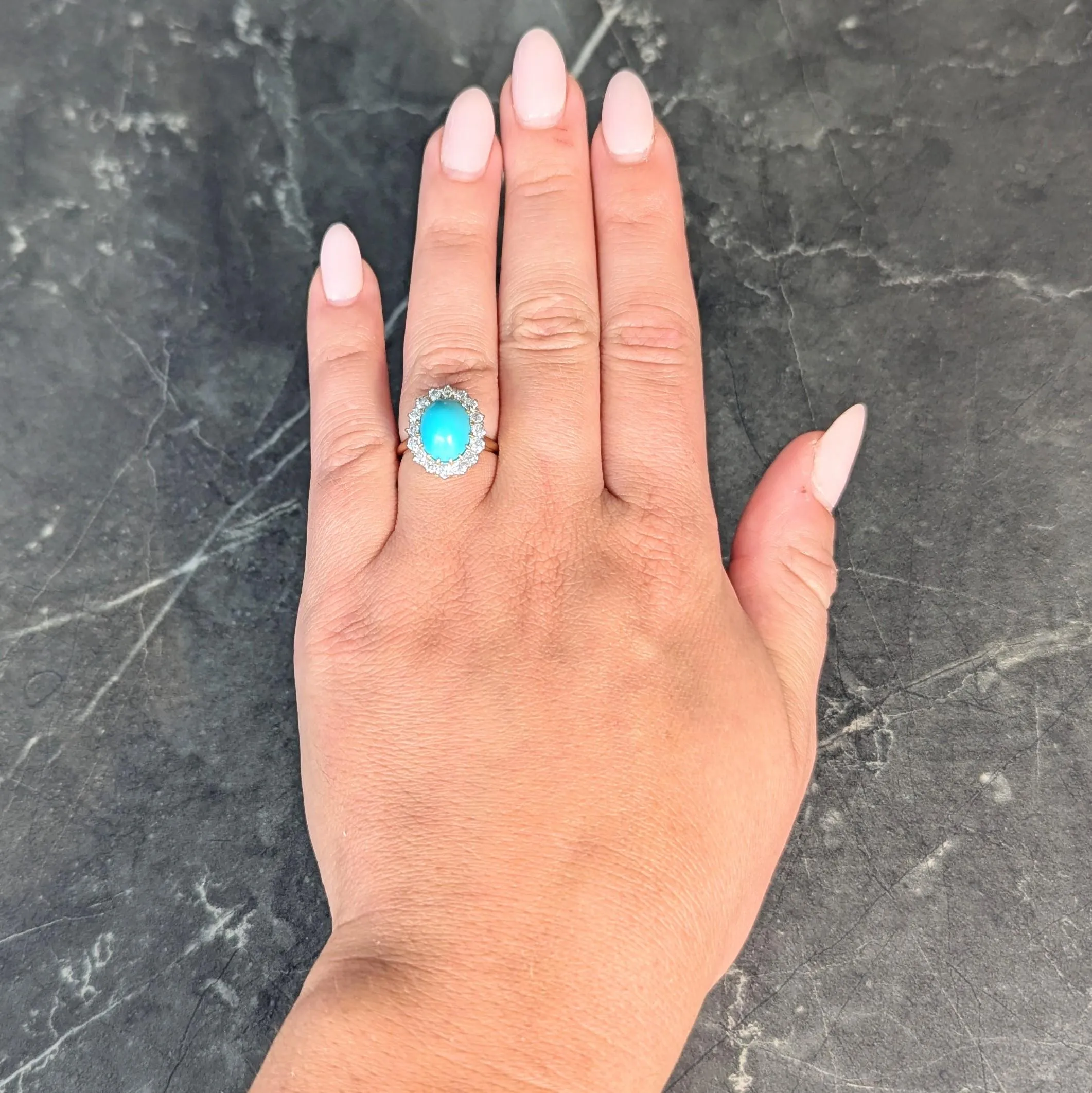 Edwardian Turquoise Old European Diamond Platinum 14 Karat Yellow Gold Antique Halo Ring