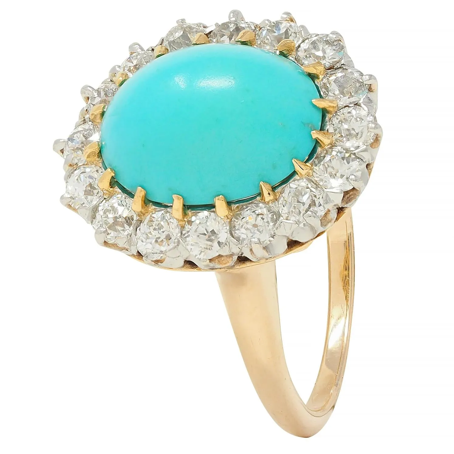 Edwardian Turquoise Old European Diamond Platinum 14 Karat Yellow Gold Antique Halo Ring