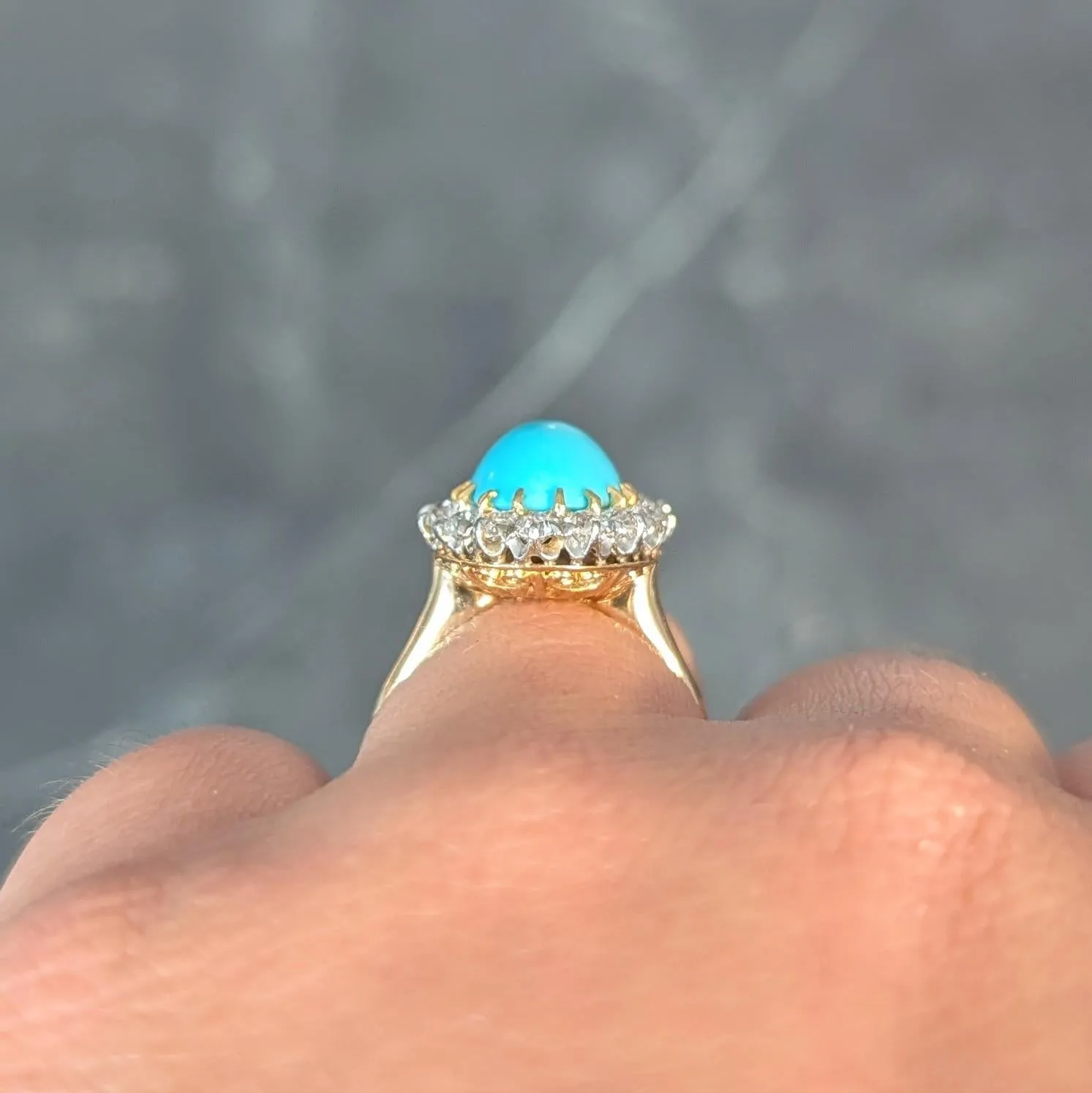 Edwardian Turquoise Old European Diamond Platinum 14 Karat Yellow Gold Antique Halo Ring