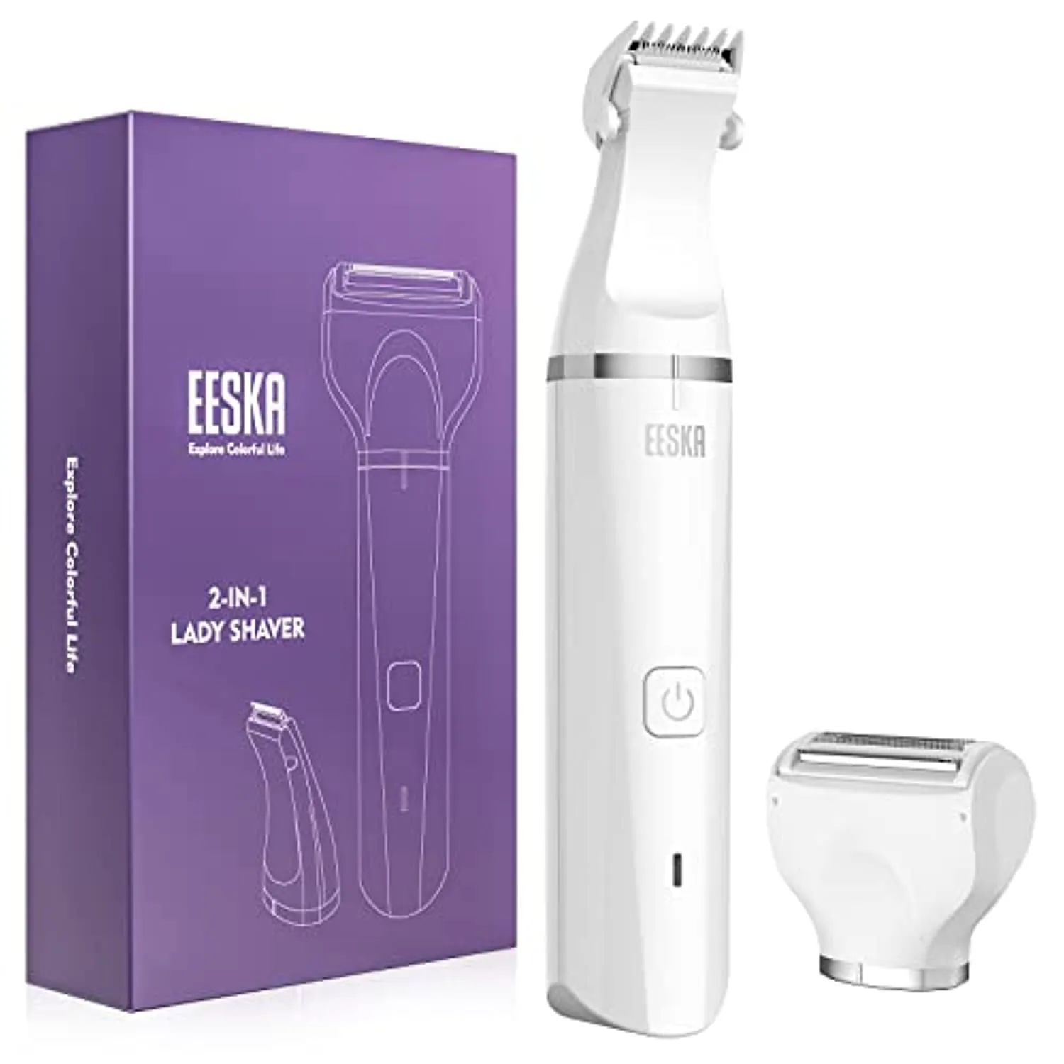 EESKA Bikini Trimmer for Women, 2-in-1 Rechargeable Womens Electric Shaver Pubic Hair Trimmer for Legs Arm and Bikini Hair, Painless Hair Removal Groomer Kit, IPX7 Waterproof Wet and Dry Use, White