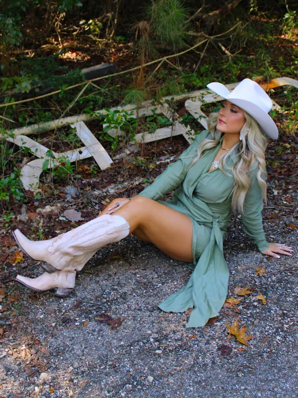 Elegant Edge Tie Waist Long Sleeve Dress, Olive