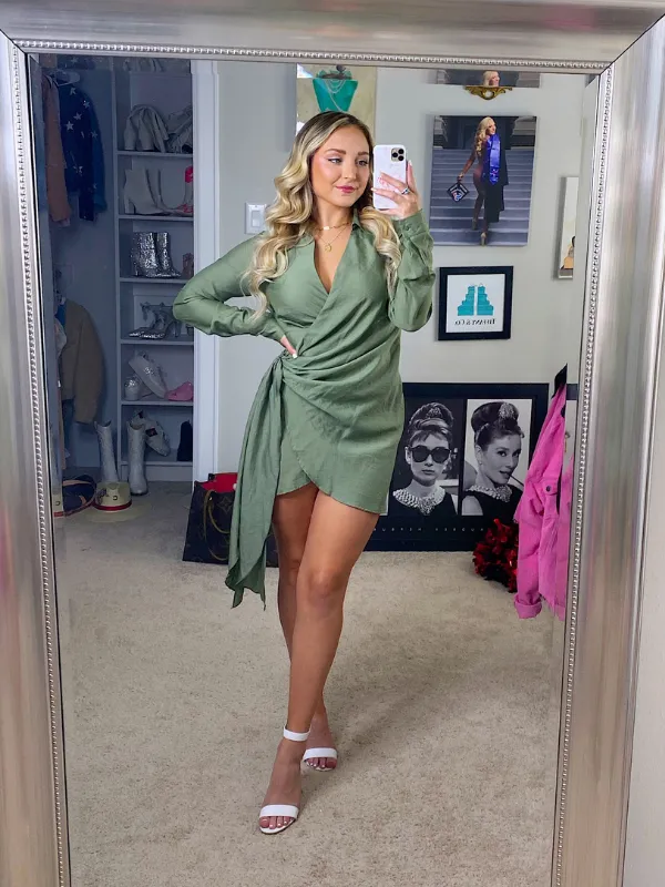 Elegant Edge Tie Waist Long Sleeve Dress, Olive