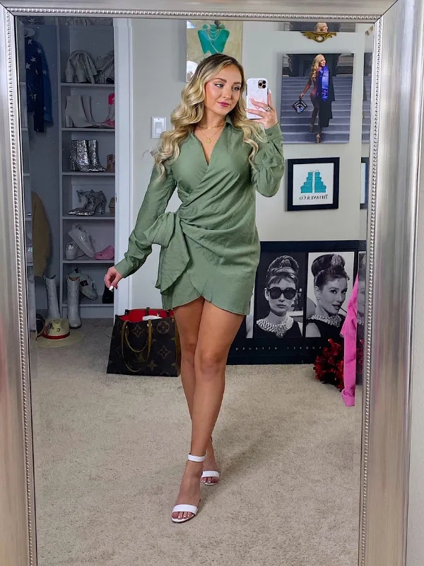Elegant Edge Tie Waist Long Sleeve Dress, Olive