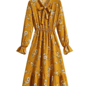 Elegant High Waist Bow Ditsy Floral Print Maxi Dress