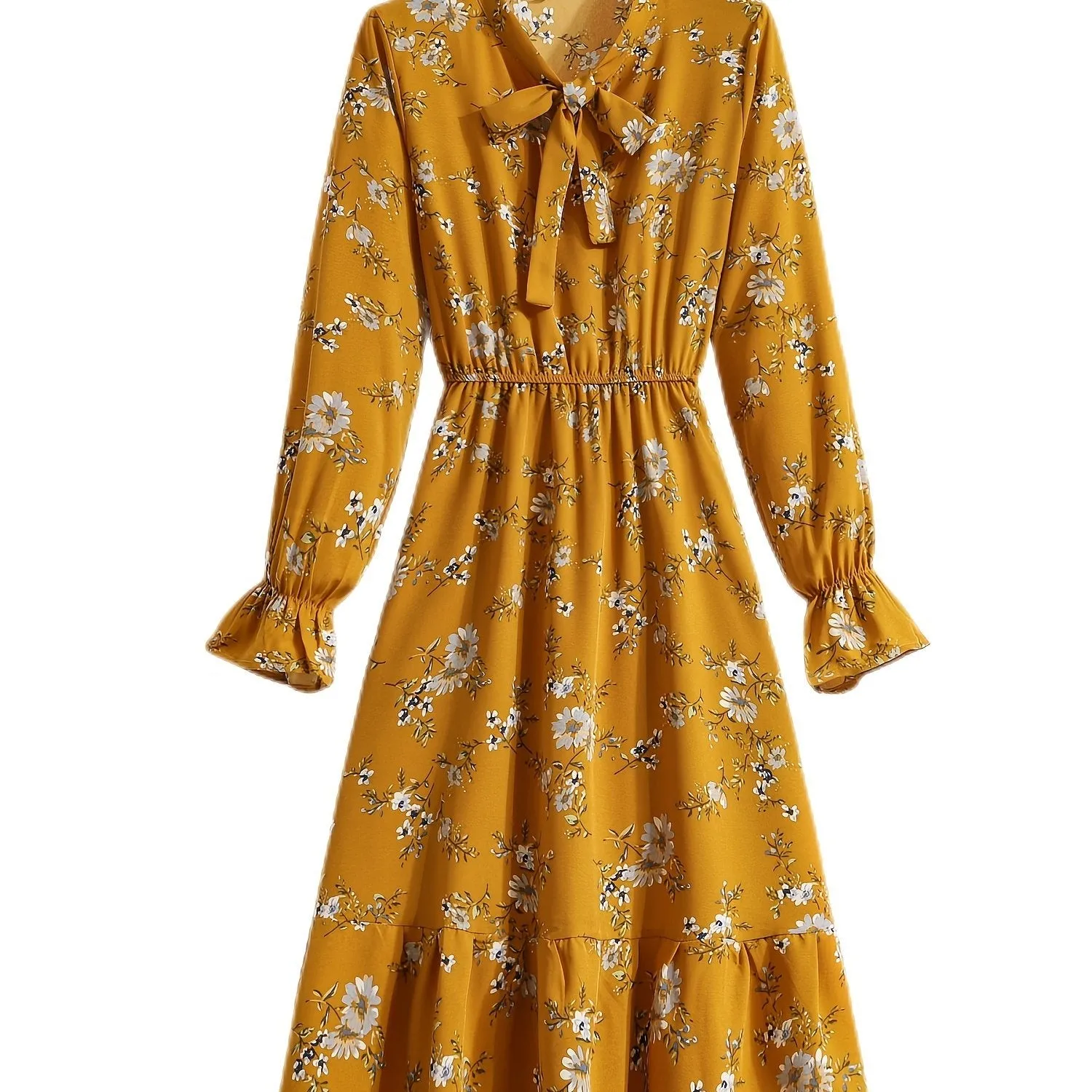 Elegant High Waist Bow Ditsy Floral Print Maxi Dress