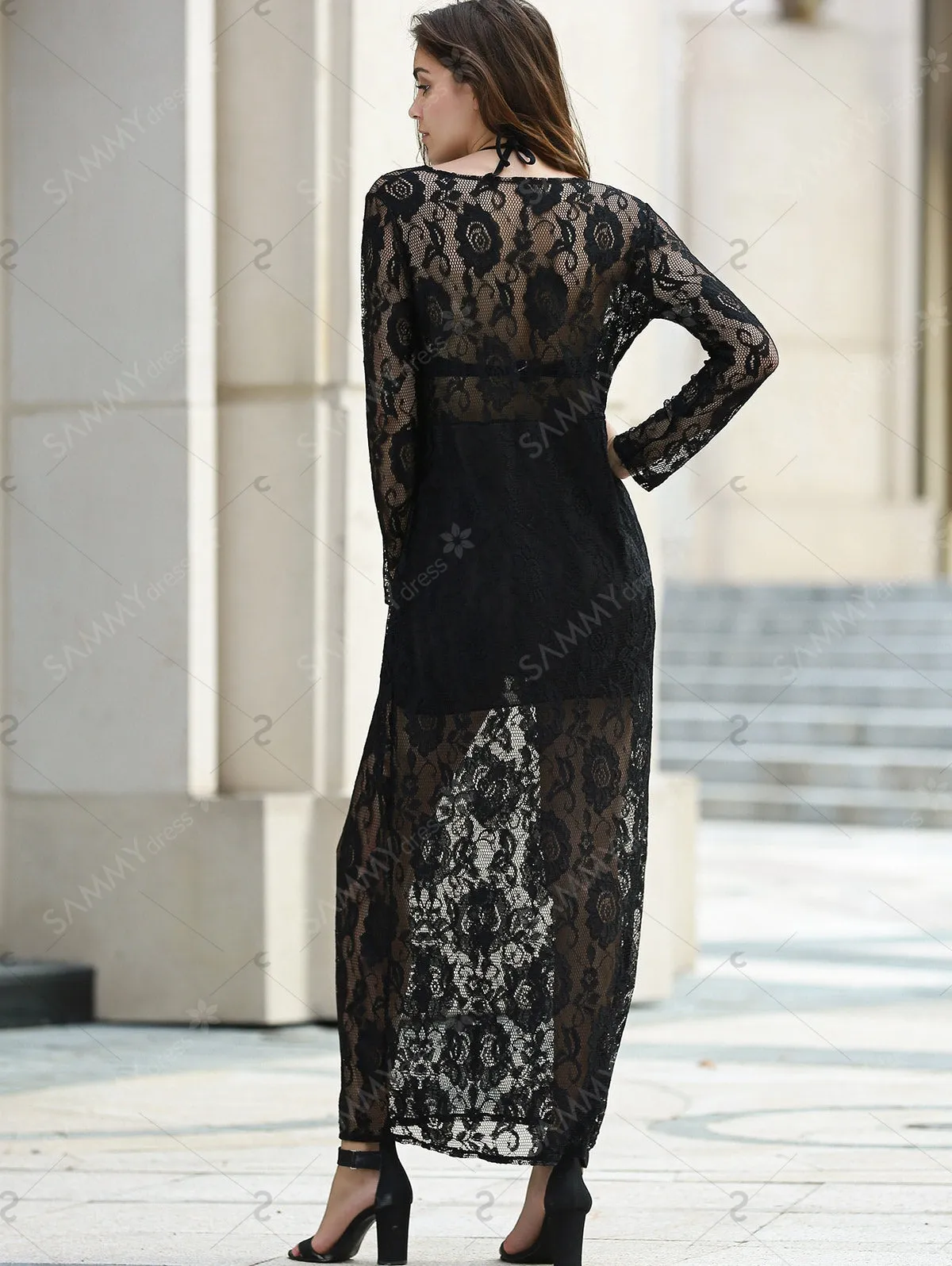 Elegant Women's Plunging Neckline Long Sleeve Dress