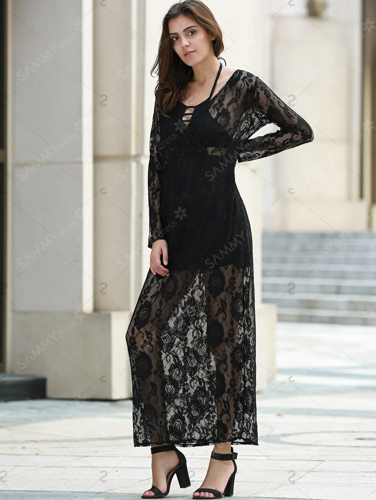 Elegant Women's Plunging Neckline Long Sleeve Dress