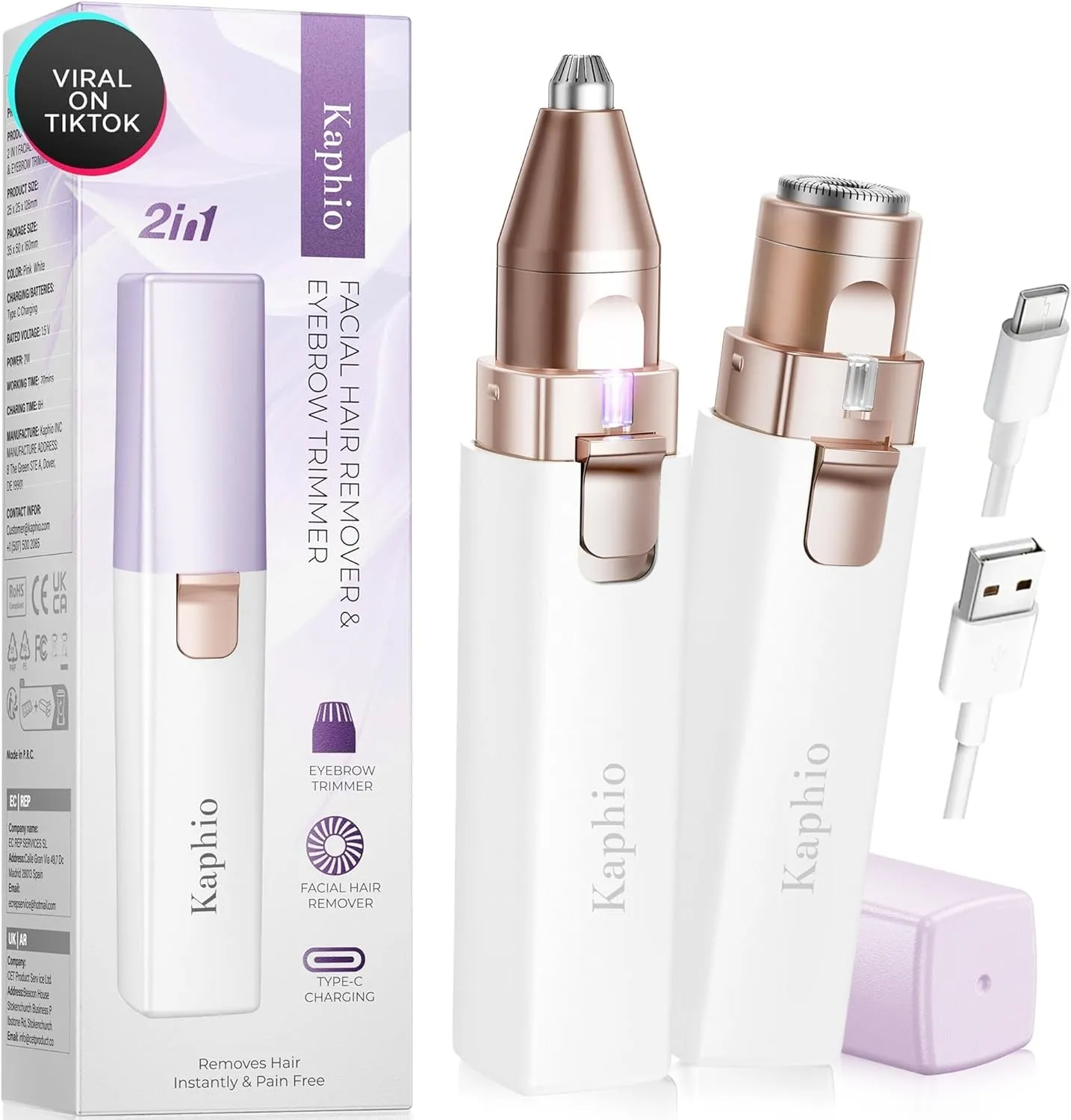 Facial - Eyebrow Hair Remover for Women: Rechargeable 2 in 1 Eyebrow Trimmer and Face Shavers for Women - Painless Electric Hair Removal Device for Face Eyebrows Peach Fuzz Lips with Light