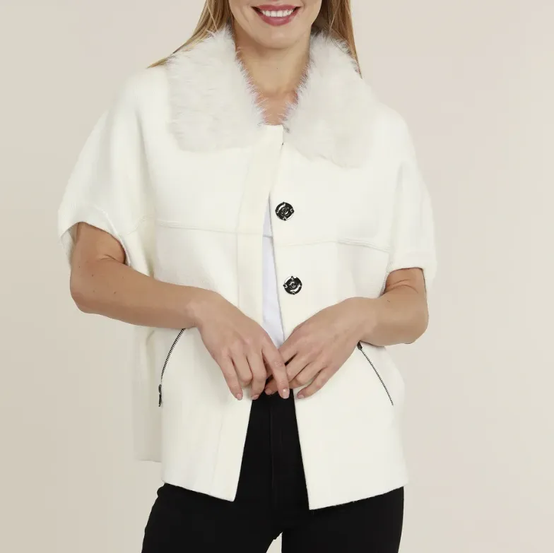 Faux Fur Trim Cardigan - Ivory